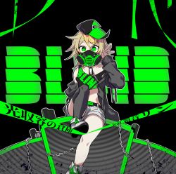 Rule 34 | 1girl, asymmetrical legwear, bare shoulders, belt collar, blonde pubic hair, bow, can, caution tape, chain, collar, crop top, dog tags, drink can, flat chest, gas mask, green eyes, hair bow, highres, kagamine rin, knees, legs, looking at viewer, loose clothes, mask, midriff, negi (ulog&#039;be), open clothes, pale skin, shoes, short hair, shorts, sitting, sneakers, soda can, solo, song name, strap slip, sweater, thighhighs, uneven legwear, vocaloid