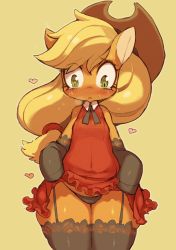 Rule 34 | 1girl, applejack, black panties, black thighhighs, blonde hair, blush, clothes lift, covered navel, cowboy hat, dress, dress lift, full-face blush, furry, furry female, garter belt, gloves, green eyes, hat, heart, hip focus, hooves, long hair, looking down, low-tied long hair, my little pony, my little pony: friendship is magic, navel, no humans, orange hair, panties, ponytail, ribbon, rikose, solo, standing, thick thighs, thighhighs, thighs, underwear, wide hips, yellow background