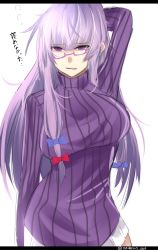 Rule 34 | 1girl, alternate costume, arm up, bespectacled, border, bow, glasses, hair bow, hair ornament, highres, light purple hair, long hair, long sleeves, onineko-chan, open mouth, patchouli knowledge, purple-framed eyewear, purple eyes, purple hair, simple background, solo, sweater, text focus, touhou, translation request, turtleneck, twitter username, white background