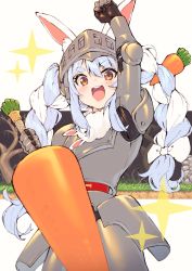Rule 34 | 1girl, animal ear fluff, animal ears, arm up, armor, blue hair, blush, braid, capcom, carrot hair ornament, commentary request, crossover, fist pump, food, food-themed hair ornament, gauntlets, greaves, hair ornament, helmet, highres, holding, holding food, hololive, joker (tomakin524), looking at viewer, makaimura, multicolored hair, open mouth, orange eyes, oversized food, oversized object, plate armor, rabbit ears, round teeth, smile, solo, streaked hair, symbol-shaped pupils, teeth, thick eyebrows, twintails, two-tone hair, upper teeth only, usada pekora, virtual youtuber, white hair