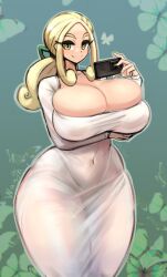 Rule 34 | 1girl, arm under breasts, blonde hair, breasts, bursting breasts, cellphone, cleavage, covered navel, creatures (company), curvy, female focus, game freak, gipehtyboo, green eyes, highres, huge breasts, long hair, looking at viewer, nail polish, nintendo, phone, pokemon, pokemon xy, skindentation, solo, thick thighs, thighs, viola (pokemon), wide hips