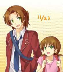 Rule 34 | 1boy, 1girl, backpack, bad id, bad pixiv id, bag, brother and sister, brown hair, daimon chika, daimon masaru (digimon savers), dated, digimon, digimon savers, green eyes, hand in pocket, highres, long hair, long sleeves, necktie, school uniform, short hair, short twintails, shoulder bag, siblings, smile, tomato-ed, twintails