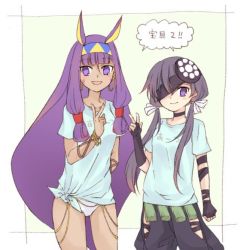 Rule 34 | 2girls, animal ears, anmitsu prv, bad id, bad twitter id, black hair, blue shirt, blush, clothes writing, commentary request, dark-skinned female, dark skin, earrings, eyepatch, fate/grand order, fate (series), fingerless gloves, gloves, hair ribbon, hairband, hoop earrings, jackal ears, jewelry, long hair, looking at viewer, low twintails, mochizuki chiyome (fate), multiple girls, nitocris (fate), open mouth, purple eyes, purple hair, ribbon, shirt, short sleeves, smile, t-shirt, translation request, twintails, v, very long hair, white ribbon