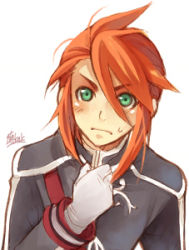 Rule 34 | 00s, 1boy, blush, lowres, luke fon fabre, male focus, nervous, official alternate costume, red hair, simple background, solo, tales of (series), tales of the abyss