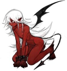 Rule 34 | 1girl, bound, bound wrists, dark-skinned female, dark skin, highres, kneeling, nude, original, p (pm 611a), pointy ears, solo, tail, white hair, wings, wrist cuffs