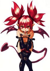 Rule 34 | 00s, 1girl, :p, bandeau, bare shoulders, bat wings, belt, black thighhighs, blush, bracelet, collar, demon girl, demon tail, disgaea, earrings, elbow gloves, etna (disgaea), flat chest, gloves, hair between eyes, hands on thighs, hisahiko, jewelry, leaning forward, looking at viewer, makai senki disgaea, miniskirt, naughty face, navel, no bra, pointy ears, red eyes, red hair, short twintails, side slit, simple background, skirt, slit pupils, solo, standing, strap, studded bracelet, tail, thighhighs, tongue, tongue out, twintails, v arms, white background, wings