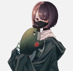 Rule 34 | 1girl, black mask, brown eyes, brown hair, grey background, highres, holding, holding stuffed toy, hood, hood down, hyuuga (kancolle), kantai collection, kazeshio, long sleeves, looking at viewer, mask, mouth mask, revision, short hair, simple background, sleeves past fingers, sleeves past wrists, solo, stuffed toy, turtleneck, upper body