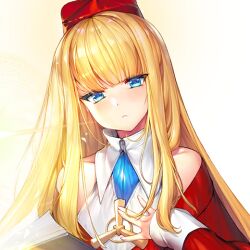 :&lt; bare_shoulders blonde_hair blue_eyes blush book breasts cardinal_armand closed_mouth dress female_focus game_cg hand_on_own_chest hat head_tilt high_collar last_origin long_hair looking_at_viewer magic official_art red_dress sidelocks small_breasts snowball22 transparent_background upper_body