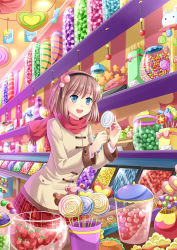 Rule 34 | 1girl, :d, blue eyes, blush, brown hair, candy, coat, cowboy shot, food, fruit, hairband, burger, highres, jacket, leaning, lollipop, long sleeves, open mouth, original, plaid, plaid skirt, pleated skirt, red scarf, red skirt, scarf, shelf, shop, short hair, skirt, smile, solo, standing, strawberry, sweets, twintails, villyane, winter clothes, winter coat
