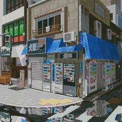 Rule 34 | air conditioner, animated, animated gif, awning, balcony, bench, building, crosswalk, highres, no humans, original, pixel art, puddle, railing, real world location, reflection, scenery, sidewalk, sign, sliding doors, traffic light, translation request, vending machine, waneella
