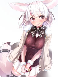Rule 34 | 1girl, animal ear fluff, animal ears, aran sweater, black bow, black bowtie, blush, bow, bowtie, box, breasts, cable knit, fennec (kemono friends), fox ears, fox tail, gift, gift box, hair between eyes, heart, heart-shaped box, heart-shaped pupils, highres, holding, holding gift, jacket, jacket on shoulders, kemono friends, kinou no shika, large breasts, lips, looking at viewer, multicolored hair, open mouth, pink hair, pink thighhighs, pleated skirt, red eyes, red sweater, skirt, smile, solo, standing, striped bow, striped bowtie, striped clothes, striped neckwear, sweater, symbol-shaped pupils, tail, thighhighs, valentine, white hair, white skirt, zettai ryouiki