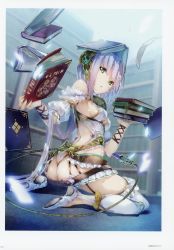 Rule 34 | 1girl, absurdres, ass, atelier (series), atelier sophie, book, bookshelf, fake tail, floating, floating object, green eyes, highres, huge filesize, long hair, looking at viewer, object on head, on floor, plachta, scan, solo, tail, white hair, yuugen