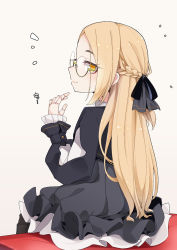 Rule 34 | 1girl, black bow, black jacket, black pantyhose, black skirt, blonde hair, blush, bow, braid, doll joints, from behind, glasses, grey background, hair bow, hand up, highres, jacket, joints, long hair, long sleeves, ogami kazuki, original, pantyhose, parted bangs, pleated skirt, ponytail, profile, puffy long sleeves, puffy sleeves, round eyewear, sitting, skirt, sleeves past wrists, solo, thick eyebrows, very long hair, yellow eyes