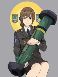 Rule 34 | 1girl, black necktie, blue eyes, brown hair, closed mouth, commentary request, cowboy shot, expressionless, faux text, fgm-148 javelin, halo, halo behind head, highres, holding, holding rocket launcher, holding weapon, looking at viewer, man-portable anti-tank systems, medium hair, military, military uniform, missile launcher, necktie, original, patch, rocket launcher, russo-ukrainian war, shirt, shoulder patch, sitting, skirt, solo, st. javelin, ukraine, ukrainian flag, uniform, wani (perfect han), weapon, white shirt