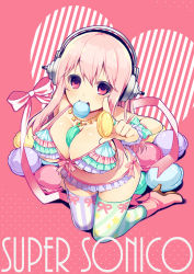 Rule 34 | 1girl, between breasts, bikini, blush, breasts, cleavage, collarbone, food, food between breasts, frilled bikini, frilled swimsuit, frills, headphones, heart, heart-shaped pupils, honda tamanosuke, large breasts, long hair, looking at viewer, macaron, mouth hold, navel, nitroplus, pero gokun, pink eyes, pink hair, solo, super sonico, swimsuit, symbol-shaped pupils, thighhighs