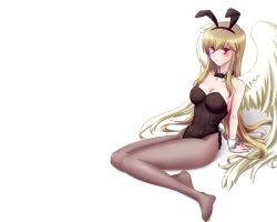 Rule 34 | 1girl, angel, animal ears, arm support, bad id, bad pixiv id, bare shoulders, blonde hair, blush, bow, bowtie, breasts, cleavage, detached collar, fake animal ears, female focus, hapiko, leotard, long hair, pantyhose, pink eyes, playboy bunny, rabbit ears, rabbit tail, red eyes, serious, shy, simple background, sitting, sizer, solo, tail, violinist of hameln, white background, white wings, wings, wrist cuffs