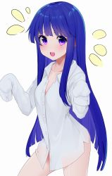 Rule 34 | 1girl, :d, blue hair, blush, collared shirt, commentary request, dress shirt, eyebrows hidden by hair, furude rika, higurashi no naku koro ni, long hair, long sleeves, notice lines, open mouth, purple eyes, ratsuku kinoko, see-through, see-through silhouette, shirt, simple background, sleeves past fingers, sleeves past wrists, smile, solo, very long hair, white background, white shirt