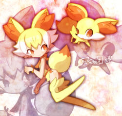 Rule 34 | 1boy, animal ear fluff, animal ears, ascot, ass, blonde hair, blush, bow, bracelet, character name, closed mouth, creature and personification, creatures (company), fennekin, fox ears, fox tail, from side, game freak, gen 6 pokemon, jewelry, looking to the side, makino (c-electro), male focus, nintendo, open mouth, orange ascot, orange bow, orange eyes, personification, pokemon, ringed eyes, short hair, smile, tail, thighhighs, trap, white thighhighs, zoom layer