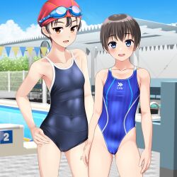 Rule 34 | 2girls, absurdres, bench, black hair, blue eyes, blue one-piece swimsuit, blue sky, brown eyes, cameltoe, cloud, collarbone, commentary request, competition school swimsuit, competition swimsuit, covered navel, day, feet out of frame, flat chest, goggles, goggles on head, hand on own hip, highres, lane line, long hair, multicolored clothes, multicolored swimsuit, multiple girls, one-piece swimsuit, open mouth, original, outdoors, pool, pool ladder, poolside, red headwear, round teeth, school swimsuit, short hair, sky, smile, standing, starting block, string of flags, striped clothes, striped one-piece swimsuit, swim cap, swimsuit, takafumi, teeth, tomboy, upper teeth only, variant set, vertical-striped clothes, vertical-striped one-piece swimsuit