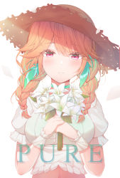 Rule 34 | 1girl, blush, breasts, brown hat, choker, closed mouth, commentary, crop top, english text, eyes visible through hair, feathers, flower, green choker, green hair, hair between eyes, hands up, hat, highres, holding, holding flower, hololive, hololive english, infinity (kkx132), large breasts, lily (flower), looking at viewer, multicolored hair, official alternate costume, orange hair, pink eyes, puffy short sleeves, puffy sleeves, short sleeves, simple background, smile, solo, straw hat, streaked hair, takanashi kiara, takanashi kiara (casual), upper body, virtual youtuber, white background, white flower, wrist cuffs