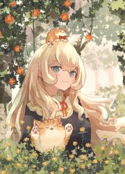 Rule 34 | 1girl, :3, animal, animal hands, animal on head, blonde hair, blue eyes, blush, cat, closed mouth, day, dress, flower, forest, highres, long hair, looking at viewer, nature, oimo imoo, on head, original, sitting, solo, tree, upper body, witch