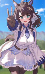 Rule 34 | 1girl, absurdres, animal ears, belt, black hair, blue eyes, blurry, blurry background, breasts, cloud, commission, daring tact (umamusume), gloves, hair between eyes, hair ornament, highres, horse ears, horse girl, horse tail, looking at viewer, medium breasts, mountain, open mouth, pantyhose, skeb commission, sky, solo, star (symbol), star hair ornament, tail, take978733141, umamusume