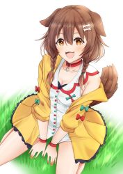 Rule 34 | 1girl, :3, animal ears, bone hair ornament, bracelet, braid, breasts, brown hair, cleavage, collar, commentary request, dog girl, fangs, grass, hair between eyes, hair ornament, highres, hololive, inugami korone, inugami korone (1st costume), jewelry, kamesys, long hair, looking at viewer, nail polish, seiza, shirt, sitting, smile, solo, tail, virtual youtuber, white shirt, yellow eyes