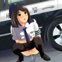 Rule 34 | 1girl, armband, black footwear, black pantyhose, blue headwear, blue necktie, blush, breast pocket, brown eyes, brown hair, car, censored, clothes pull, gossa-tei, hat, motor vehicle, necktie, open mouth, pantyhose, pantyhose pull, pavement, peeing, pocket, police, police car, police uniform, policewoman, pubic hair, puddle, pussy, road, shirt, shoes, short hair, short sleeves, source request, squatting, street, thighhighs, uniform, white shirt