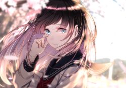 Rule 34 | 1girl, bad id, bad pixiv id, black hair, blue eyes, blurry, blurry background, brown hair, crying, crying with eyes open, hand up, highres, long hair, looking at viewer, original, outdoors, saitou (lynx-shrike), school uniform, serafuku, sky, solo, tears, uniform, upper body, white sky, wiping tears