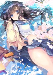 Rule 34 | 1girl, black hair, blue eyes, blue panties, blue skirt, blush, bow, bow panties, branch, breasts, brown cardigan, cardigan, cherry blossoms, closed mouth, commentary request, hair between eyes, long hair, long sleeves, lying, medium breasts, moe2019, nib pen (object), on back, open cardigan, open clothes, original, oswald musashi, panties, pen, pencil case, pleated skirt, shirt, skirt, sleeves past wrists, smile, solo, underwear, very long hair, water, white shirt