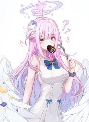 Rule 34 | 1girl, ?, absurdres, bare shoulders, blue archive, bow, bowtie, breasts, cake, dana (hapong07), eating, food, fork, gradient hair, hair bun, hair ornament, halo, hand up, highres, holding, holding fork, medium breasts, mika (blue archive), mouth hold, multicolored hair, pink hair, resolution mismatch, shirt, sidelocks, single side bun, sleeveless, sleeveless shirt, solo, source smaller, sparkle, swiss roll, upper body, white shirt, yellow eyes