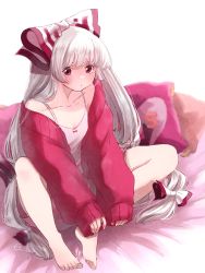 Rule 34 | 1girl, barefoot, bed, bow, cushion, fujiwara no mokou, hair bow, highres, hime cut, jacket, long hair, mokoiscat, off-shoulder jacket, off shoulder, red eyes, red jacket, sidelocks, sleeves past wrists, solo, touhou, very long hair, white background, white bow, white hair