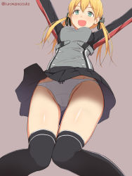 Rule 34 | 10s, 1girl, anchor hair ornament, black skirt, black thighhighs, blonde hair, blush, bow, bow panties, crotch seam, from below, gluteal fold, green eyes, groin, hair ornament, hair ribbon, highres, kantai collection, kurowan, long hair, open mouth, outstretched arms, over-kneehighs, panties, pantyshot, prinz eugen (kancolle), ribbon, simple background, skirt, solo, thighhighs, twintails, twitter username, underwear, white panties