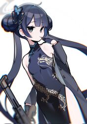 Rule 34 | 1girl, biting, black dress, black gloves, black hair, black jacket, blue archive, breasts, butterfly hair ornament, china dress, chinese clothes, cs/ls06, dl lsp, double bun, dragon print, dress, glove biting, gloves, grey eyes, gun, hair bun, hair ornament, halo, highres, holding, holding gun, holding weapon, jacket, kisaki (blue archive), long hair, off shoulder, pinstripe jacket, pinstripe pattern, print dress, side slit, small breasts, solo, striped, twintails, weapon