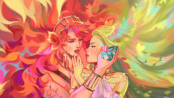Rule 34 | 2girls, arm tattoo, blonde hair, blue eyes, bug, butterfly, eye contact, flower, glint, gradient hair, hand on another&#039;s chin, headpiece, highres, insect, jewelry, lipstick, long hair, looking at another, makeup, multicolored hair, multiple girls, original, pupe (sennbee1027), red hair, tattoo, upper body, very long hair