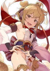 Rule 34 | 1girl, :3, andira (granblue fantasy), armpits, blonde hair, blush, breasts, brown eyes, cleavage cutout, clothing cutout, commentary request, cowboy shot, detached sleeves, dutch angle, fang, from below, frontal wedgie, granblue fantasy, hand on own hip, hinami (hinatamizu), leotard, leotard pull, looking at viewer, medium breasts, open mouth, short hair, sideboob, sidelocks, smile, solo, standing, sweat, thighhighs, thighs, wedgie, white leotard, white thighhighs