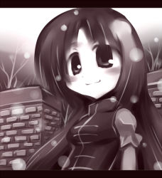 Rule 34 | 1girl, blush, brick wall, chibi, chinese clothes, female focus, hong meiling, letterboxed, long hair, monochrome, no headwear, no headwear, regls, smile, snow, snowing, solo, embodiment of scarlet devil, touhou, tree, winter