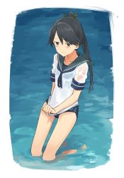 Rule 34 | 10s, 1girl, alternate costume, artist name, black hair, blue eyes, blue sailor collar, blush, dated, embarrassed, highres, houshou (kancolle), kantai collection, kawashina (momen silicon), long hair, ponytail, sailor collar, school swimsuit, school uniform, serafuku, short sleeves, solo, swimsuit, swimsuit under clothes, water, wavy mouth