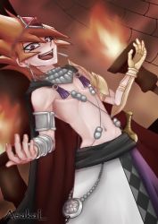 Rule 34 | 1boy, cape, crazy, earrings, fire, happy, jewelry, laughing, lots of jewelry, male focus, midriff, orange hair, prince, purple eyes, red eyes, smile, solo, vector (yuu-gi-ou zexal), vector trace, yu-gi-oh!