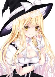 Rule 34 | 1girl, bad id, bad pixiv id, black dress, black hat, blonde hair, bow, breasts, cleavage, closed mouth, dress, hair between eyes, hand up, hat, hat bow, highres, kirisame marisa, long hair, looking at viewer, medium breasts, nanase nao, puffy short sleeves, puffy sleeves, shirt, short sleeves, simple background, sleeveless, sleeveless dress, smile, solo, touhou, very long hair, white background, white bow, white shirt, witch hat, wrist cuffs, yellow eyes