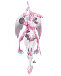 Rule 34 | 1girl, absurdres, arcee, artist name, axelnekokitty, big firebird toys, blue eyes, breasts, highres, holding, holding staff, large breasts, crossed legs, looking at viewer, navel, nicee, solo, staff, transformers, white background