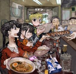 Rule 34 | 1other, 2boys, 3girls, black eyes, black hair, blonde hair, bowl, ceiling light, cellphone, chopsticks, closed eyes, cup, drinking glass, eating, egg (food), electric fan, food, food on face, gomibaketsu3, highres, holding, holding bowl, holding chopsticks, indoors, kamaboko, multiple boys, multiple girls, narutomaki, noodles, open mouth, original, phone, pitcher (container), ramen, red sweater, restaurant, signature, smartphone, soup, steam, sweater, tissue box, twintails, used tissue, v-neck