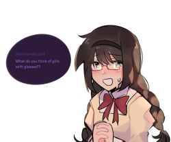 Rule 34 | 1girl, absurdres, akemi homura, black eyes, black hair, black hairband, braid, close-up, commentary, dot nose, english commentary, english text, facing viewer, flat chest, furrowed brow, glasses, hair between eyes, hairband, hands up, high collar, highres, homuchisas, jitome, juliet sleeves, light blush, long sleeves, looking to the side, mahou shoujo madoka magica, mahou shoujo madoka magica (anime), mitakihara school uniform, neck ribbon, nervous, open mouth, own hands clasped, own hands together, puffy sleeves, red-framed eyewear, red ribbon, ribbon, school uniform, semi-rimless eyewear, shy, simple background, solo, speech bubble, sweatdrop, talking, text focus, tumblr, twin braids, under-rim eyewear, upper body, white background