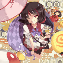 Rule 34 | 1girl, bangle, black hair, bow, bowtie, bracelet, camera, doll, dress, from above, grey horns, grin, hair over one eye, horns, impossible spell card, jewelry, jizou, kijin seija, lantern, looking at viewer, mallet, multicolored hair, orb, paper lantern, puffy short sleeves, puffy sleeves, purple bow, purple bowtie, red eyes, red hair, reeh (yukuri130), short hair, short sleeves, single horn, smile, solo, striped horns, teeth, touhou, two-tone hair, upside-down, yin yang