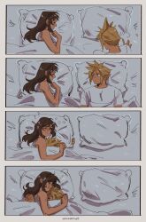 Rule 34 | 1boy, 1girl, ?, ??, absurdres, bed, bed sheet, black hair, blonde hair, closed mouth, cloud strife, commentary, couple, cuddling, final fantasy, final fantasy vii, highres, hug, long hair, looking at another, lying, on back, on side, pillow, profile, sequential, shirt, short hair, short sleeves, sleeping, smile, spiked hair, strawderryst, symbol-only commentary, tifa lockhart, twitter username, under covers, upper body, white shirt