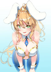 Rule 34 | 1girl, absurdres, ahoge, alternate costume, animal ears, artoria pendragon (all), artoria pendragon (fate), artoria pendragon (swimsuit ruler) (fate), bare arms, bare shoulders, bent over, blonde hair, blue necktie, blue pantyhose, blush, breasts, cleavage, collarbone, commentary request, covered erect nipples, detached collar, fake animal ears, fate/grand order, fate (series), feather boa, gradient background, green eyes, hair between eyes, highres, kobo (cobo 0609), large breasts, leotard, long hair, looking at viewer, navel, necktie, open mouth, pantyhose, playboy bunny, ponytail, rabbit ears, rabbit girl, short necktie, sidelocks, smile, solo, strapless, strapless leotard, swept bangs, very long hair, wrist cuffs