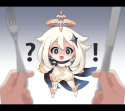 Rule 34 | !, 1girl, :d, ?, arms at sides, black eyes, blonde hair, blurry, boots, cape, chibi, commentary request, depth of field, dress, emergency food, fork, genshin impact, gradient background, grey background, hair flaps, hair ornament, halo, holding, holding fork, holding knife, knife, legs apart, letterboxed, long sleeves, looking at viewer, open mouth, out of frame, paimon (genshin impact), pov, pov hands, ran system, scarf, short jumpsuit, single thighhigh, smile, solo focus, sweatdrop, thighhighs, white background, white dress, white hair, white thighhighs