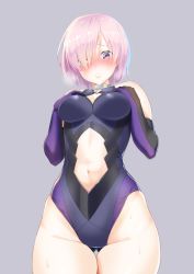 Rule 34 | bare shoulders, blush, breasts, breath, clothing cutout, cowboy shot, elbow gloves, fate/grand order, fate (series), gloves, hair over one eye, hands on own chest, highres, leotard, looking at viewer, mash kyrielight, medium breasts, navel, navel cutout, nose blush, parted lips, purple eyes, purple gloves, purple hair, saruchitan, short hair, solo, sweat, thigh gap, thighhighs