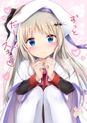 Rule 34 | 1girl, bat hair ornament, beret, black jacket, blue eyes, blush, brown hair, capelet, closed mouth, commentary request, english text, hair ornament, hands up, hat, heart, index finger raised, jacket, little busters!, long hair, long sleeves, maruma (maruma gic), noumi kudryavka, pantyhose, sitting, smile, solo, translation request, very long hair, white capelet, white hat, white pantyhose