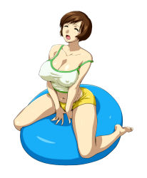 Rule 34 | 1girl, :o, bad feet, ball, bare shoulders, breasts, brown eyes, brown hair, cleavage, closed eyes, covered erect nipples, exercise ball, hairu, large breasts, navel, short hair, short shorts, shorts, simple background, sitting, solo, strap slip, super real mahjong, tears, toyohara etsuko, wariza, white background